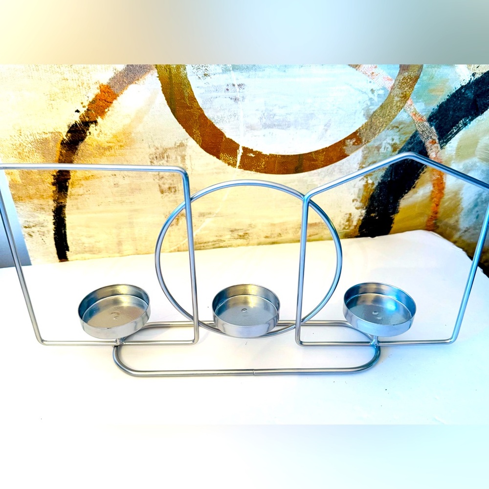 NIB True Living Metal Candle Holder holds 3 votive candles Silver